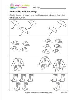 In this More Worksheet circle each set of rain gear that has more than the other set. Be sure to see all our More and Less worksheets. CCSS aligned K.CC.C.6 More Or Less Worksheets Preschool, Less Or More Kindergarten, One More Worksheets Kindergarten, Rain Worksheets For Kindergarten, Less Or More Worksheet, More Less Worksheet Kindergarten, More And Less Worksheets Kindergarten, More Or Less Worksheets For Kindergarten, More And Less Worksheet