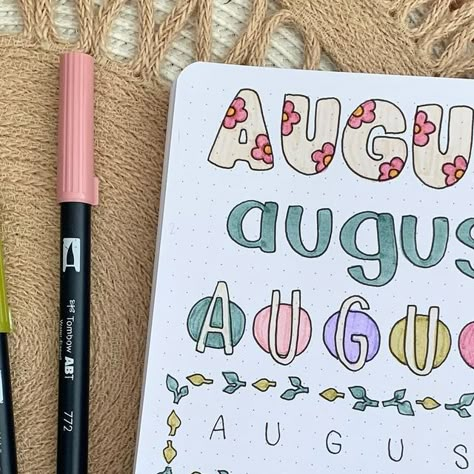 August Hand Lettering, August Doodles Bullet Journal, August Planner Ideas, Bullet Journal August Theme, August Journal Ideas, Month Doodles, August Doodles, August Lettering, August Font