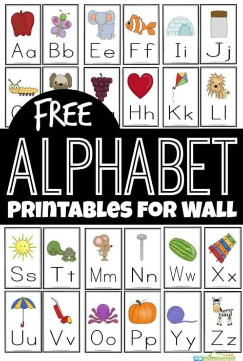 If you are working with your toddler, preschool, pre k, Kindergarten, and first grade student on learning the alphabet, you know they will need to reference something frequently to remember how to form their letters. It is a skill that just takes time and practice! These super cute, free alphabet printables for wall are a handy tool for helping children their their letters from A to Z.  Print the pdf file with the free printable alphabet flash cards, cut apart, and hang on your wall for kids to Print Alphabet Font, Letter Of The Alphabet Free Printables, Alphabet Wall Cards, Free Alphabet Printables, Alphabet Flash Cards Printable, Letter Flashcards, Alphabet Flash Cards, Letter Fonts, Abc Flashcards