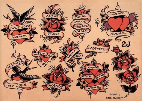 Traditional Tattoo Names, Traditional Tattoo Banner, Traditional Heart Tattoos, Sailor Jerry Flash, Sailor Jerry Tattoo Flash, Tattoo Banner, Sailor Jerry Tattoo, 5 Tattoo, Jerry Tattoo