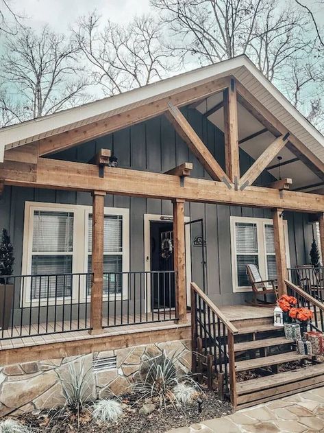 6. Robin’s Nest Cabin (Hot Springs) Double Wide Front Porch Ideas, Mobile Home Porch, Exterior Makeover, House With Porch, Home Porch, Up House, Porch Design, Manufactured Home, Exterior House Colors