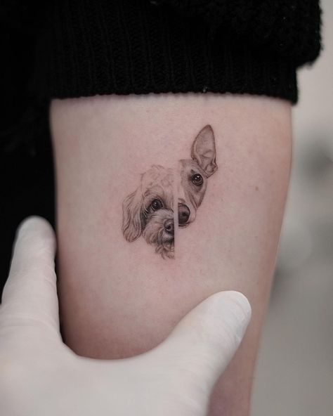 Bulldog Tattoo For Men, Double Dog Tattoo, Tattoo Ideas For Pet Dog, Two Dogs Together Tattoo, Boxer Portrait Tattoo, Cute Pet Tattoos Dogs, Tattoo For Two Dogs, Tattoos Of Pets, Half Dog Face Tattoo