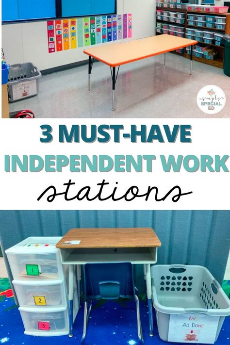 Structured work systems, also called independent work stations, are perfect for students in a self-contained classroom. These systems are visual systems that are strategically set up so students can work independently. Today I am sharing 3 structured work systems for special education students. You will find details about task box centers, three drawer work systems, and independent work binders. Students can work on file folder activities, writing or tracing, matching activities and more! Independent Work Stations Set Up, Work System Tasks, Independent Work Stations Sped, 3 Drawer Work System, Sped Classroom Centers, Special Education Independent Work Stations, Structured Classroom Special Education, Structured Learning Classroom Setup, Middle School Task Boxes