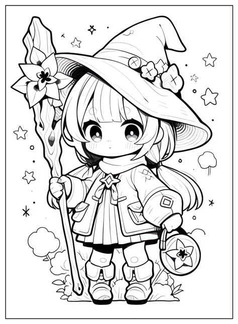 Cute Witch Coloring Sheets Printable - Free Printable Coloring Pages Anime Halloween Coloring Pages, Cute Anime Coloring Pages, Coloring Books Anime, Witch Coloring Pages For Kids, Halloween Witch Coloring Pages, Kawaii Coloring Pages Free Printable, Coloring Pages Anime, Wild Witch, Halloween Colouring