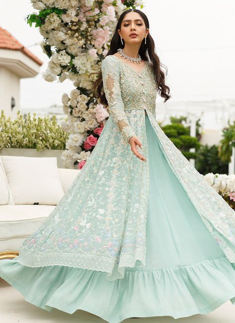 Farah Talib Aziz. Alishay Kalidaar Best Friend Engagement Outfit Indian, Simple Frock Design For Wedding Party, Frock Lehenga Design, Stylish Long Frock Design, Front Open Frock Designs, Simple Engagement Dress Indian, Indian Frocks For Women, Engagement Gowns Indian Brides Outfit, Gaun Design Dresses Indian