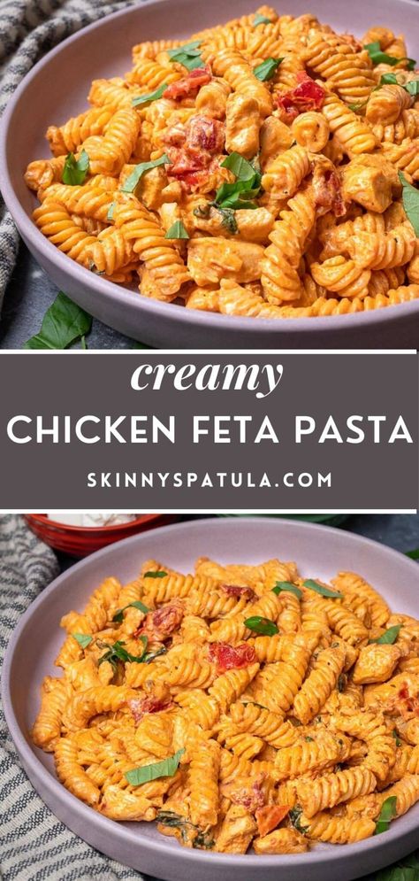 Creamy Chicken Feta Pasta Feta Cheese Chicken Pasta, Chicken Feta Pasta Recipes, Chicken And Chickpea Pasta Recipes, Gluten Free Feta Recipes, Healthy Feta Pasta, Bacon Feta Pasta, Healthy Pasta Recipes Protein, Family Dinner Recipes Pasta, Easy Recipes With Feta Cheese