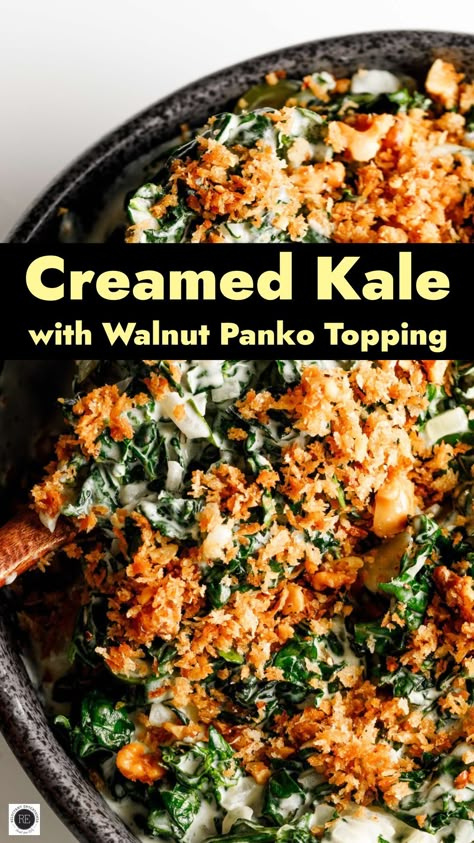 Creamed Kale with Walnut Panko Topping is a fresh spin on creamed spinach, with Tuscan kale, chiles, and a crunchy topping with walnuts. Creamed Kale Recipes, Great Sides, Creamed Kale, Tuscan Kale, Honey Mustard Glaze, Twice Baked Sweet Potatoes, Most Pinned Recipes, Best Comfort Food Recipes, Kale Recipes