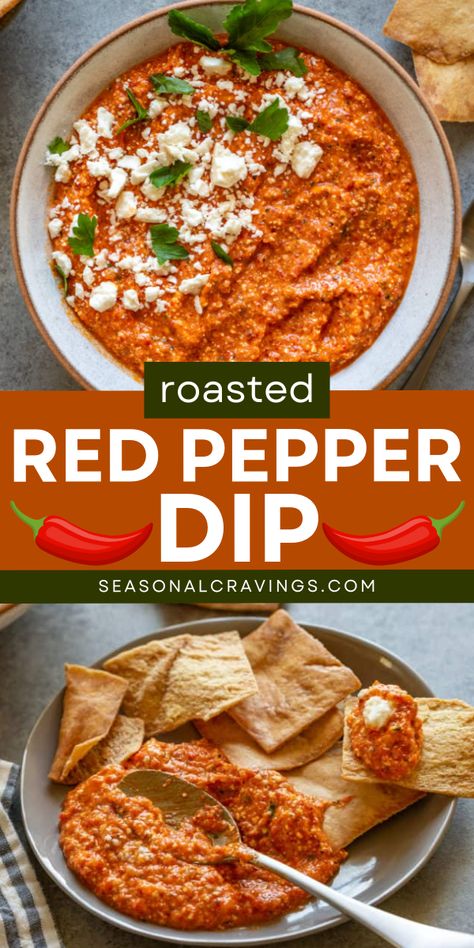 Savor Roasted Red Pepper Dip as the best game day appetizer! This simple game day recipe is easy to make with just a few ingredients, including red peppers and feta. It’s gluten free and a crowd pleaser, perfect for sandwiches, salads, or veggies. Get ready to dig in! Bell Pepper Dip Recipes, Jarred Roasted Red Pepper Recipes, Roasted Red Pepper Dip Cream Cheese, Roasted Red Pepper Dipping Sauce, Roasted Pepper Dip, Spicy Dip Recipes, Red Pepper Dip Recipe, Pepper Dip Recipe, Spicy Dips