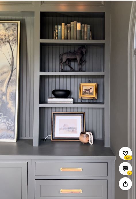 Dark Grey Basement, Grey Basement, Basement Built Ins, Gray Basement, Built Ins, Bookshelves, Basement, Paint Colors, Dark Grey