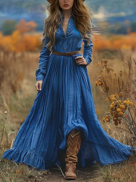 Pastoral style Cowgirl Style Outfits, Cowgirl Dresses, Maxi Long Dress, Estilo Country, Western Outfits Women, Western Dress, Long Sleeve Design, Cotton Blends Dress, Casual Home