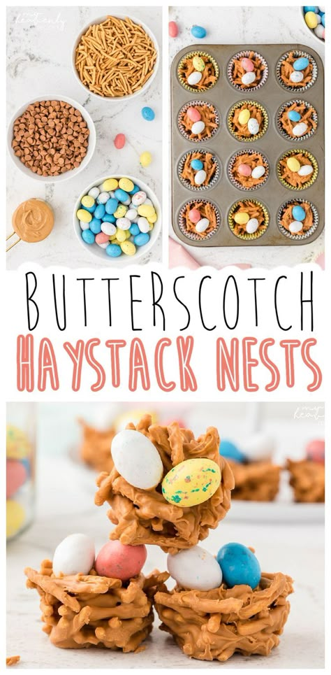 Easter Nest Treats, Peanut Butter Haystacks, Bird Nest Cookies, Butterscotch Haystacks, Spring Dessert Ideas, Haystack Cookies, Nesting Party, Easter Sweet Treats, Easter Deserts