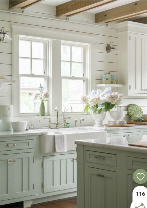 Pale Green Kitchen Cabinets, Pale Green Kitchen, Vintage Green Kitchen, Light Green Kitchen, Farmhouse Cottage Kitchen, Green Kitchen Ideas, Mint Kitchen, Green Kitchen Designs, Green Kitchens