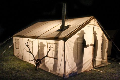 Canvas Tent Diy, Wall Tent Camping, Tent Inside, Diy Tent Camping, Outfitter Tent, Wood Tent, Living In A Tent, Canvas Wall Tent, Tent Life