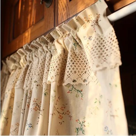 Flower Cafe, Half Curtains, Small Curtains, Beige Curtains, Short Curtains, Closet Kitchen, Sheer Curtain Panels, Cafe Curtains, Bedroom Green