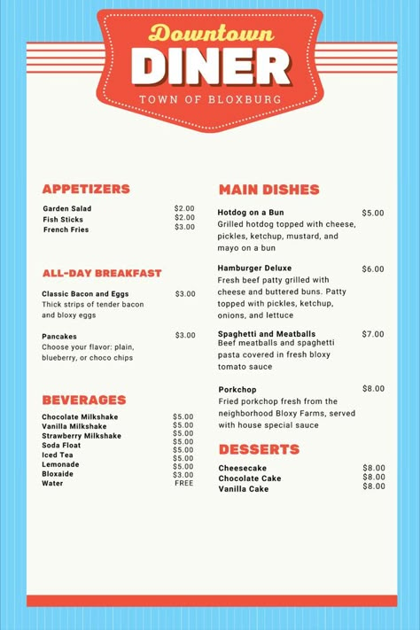 (!!!SWIPE TO SEE THE MENUS CLEARLY) Use these menu decals for your bloxburg diner! I added descriptions for some parts of the menu for more fun and realism (: ENJOY! Always feel free to request! #roblox #bloxburg #bloxburgdecals #decals #bloxburgrestaurant #bloxburgmenu #bloxburgdiner #robloxdecals Menu Decal Codes Bloxburg, Bloxburg Diner Menu Codes, Bloxburg Restaurant Logo Decal Codes, Retro Restaurant Bloxburg, Dinner Decals Bloxburg, Retro Dinner Decals Bloxburg, Bloxburg Restaurant Menu Decals Codes, Retro Cafe Bloxburg, Bloxburg Burger Menu Decals