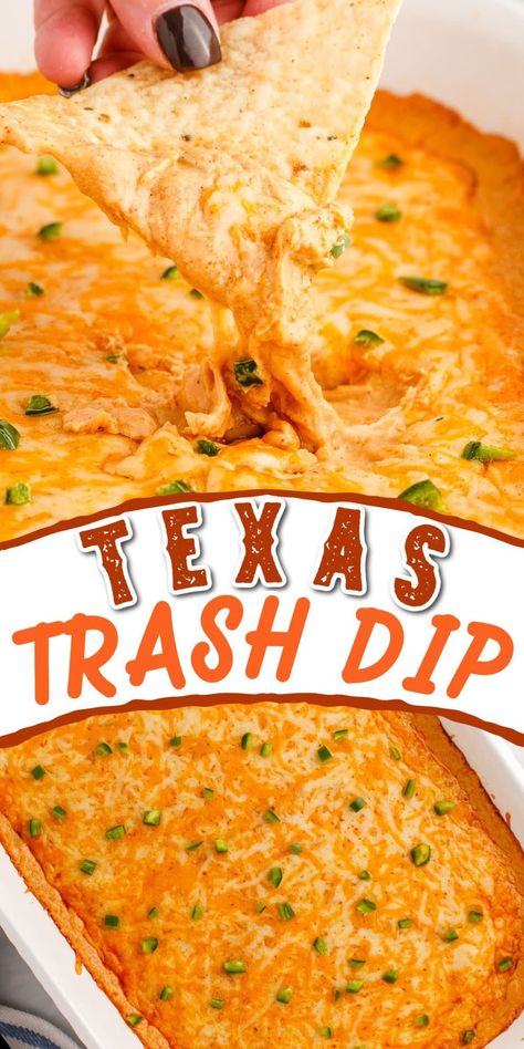 Trash Can Bean Dip, Texas Trash Dip Southern Living, Touchdown Taco Dip Pampered Chef, Cowboy Bean Dip, Tex Mex Dip Recipes, Easy Texas Trash Dip, Trash Dip Texas, Texas Themed Food, Tex Mex Appetizers For Party