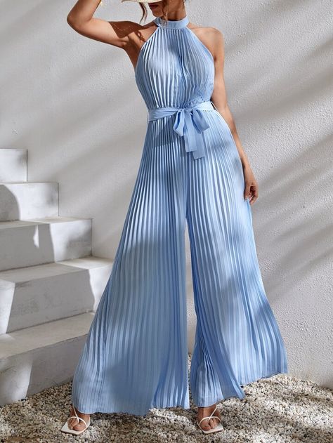 Free Returns ✓ Free Shipping✓. Keyhole Back Wide Leg Pleated Halter Jumpsuit- undefined at SHEIN. Pleated Jumpsuits For Women, Top Model Outfits, Blue Jumpsuit Outfit, Blue Jumpsuits Outfit, Light Blue Jumpsuit, Jumpsuits Outfit, Girls Jumpsuit, Pleated Jumpsuit, Style Jumpsuit