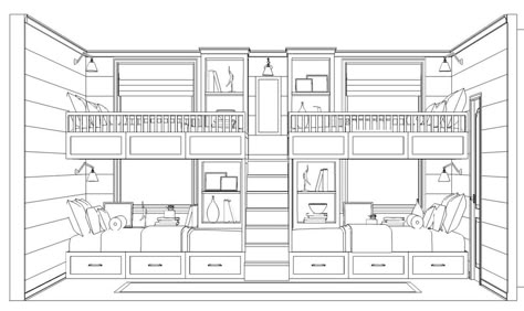 DESIGNING A KID'S BUNK ROOM — TAMI FAULKNER DESIGN Bunk House Plans Layout, Twin Bunk Room, Bunk Bed Movie Room, Bunk Room House Plans, Bunk Bed Small Room Layout, 12x12 Bunk Room, Built In Quad Bunk Beds, Bunk Room Plans Built Ins, Bunk Bed Floor Plan