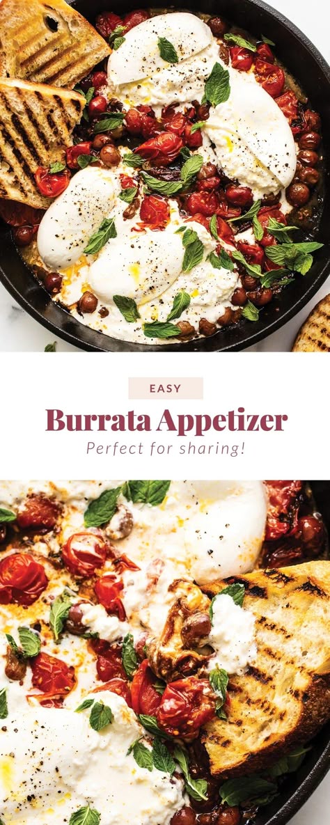 This burrata appetizer recipe is fully equipped with bursting cherry tomatoes and grapes along with fresh herbs and mounds of fresh burrata cheese. Bursts Cheese Recipes, Buttata Cheese, Blistered Tomatoes And Burrata, Bursts Appetizer, Burrata Appetizer Prosciutto, Baked Burrata Recipe, Veggie Starters Appetizers, Burrata Dip Recipe, Buratta Appetizer Recipe