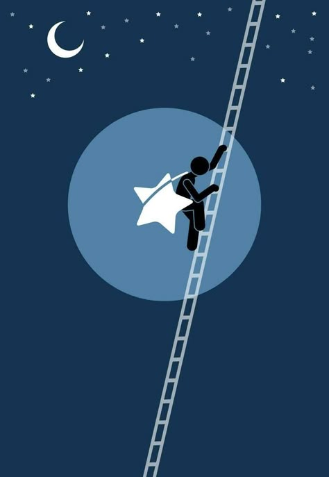 Person climbing down a long ladder after successfully take a star from the sky. Vector illustration depicts concept of accomplishment, success, determination, ambition, journey, adventure, and dream. Person Climbing Ladder, Ambition Illustration, Climbing Ladder Illustration, Success Illustration Art, Determination Illustration, Determination Drawing, Determination Aesthetic, Goal Illustration, Leadership Poster