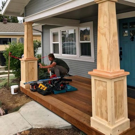 Craftsman Posts Columns, Deck Post Wrap Ideas, Craftsman Columns, Porch Update, Porch Pillars, Craftsman Porch, Veranda Design, Front Porch Columns, Modern Porch