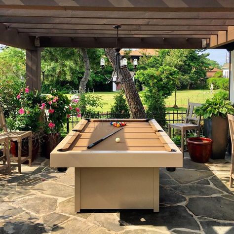 Penthouse Outdoor Pool Table | Etsy Backyard Bar With Pool Table, Cool Pool Tables, Outdoor Gameroom, Outdoor Billiard Room, Outdoor Games Room, Pool Table Cover, Outdoor Pool Table Ideas, Outdoor Pool Table Ideas Backyards, Outside Pool Table