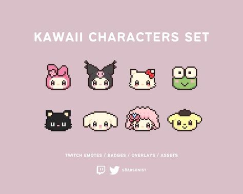 Kawaii pixel art Twitch sub badges and emotes for streamers featuring cute anime-style designs and colors. Painting Beads, Pixelated Art, Twitch Bits, 8 Bit Art, Pixel Font, Kawaii Characters, Arte 8 Bits, Perler Bead Designs, Pixel Art Characters