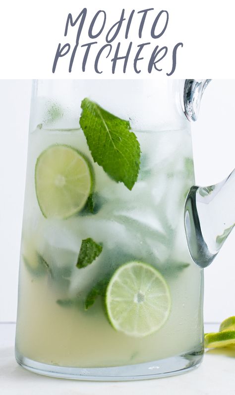 This easy Mojito pitcher recipe makes a great batch cocktail for your summer get-togethers! Lime juice, mint, club soda, and rum create a deliciously light & crisp refresher that's perfect for sunny days. Easy to make non-alcoholic for any mocktail drinkers in your group! Easy Mojito, Mojito Recipe Pitcher, Mojito Pitcher, Pitcher Cocktails, Mojito Mocktail, Summer Drinks Alcohol, Batch Cocktails, Mint Mojito, Mojito Recipe