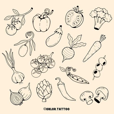 Brussel Sprout Tattoo, Fruit And Veggie Tattoo, Food Flash Tattoo, Tiny Food Tattoos, Fine Line Food Tattoo, Food Related Tattoos, Vegetable Tattoo Ideas, Fun Flash Tattoo, Fruit Flash Tattoo