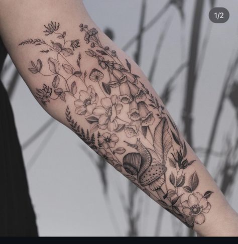 Plant And Animal Tattoo Sleeve, Flower Sleeve Tattoo Forearm, Whimsical Forearm Tattoo, Nature Arm Sleeve Tattoos For Women, Nature Tattoos Leg, Wildflower Sleeve Tattoos For Women, Wild Life Tattoos Sleeve, Birth Flower Tattoos On Arm, Black Work Floral Tattoo