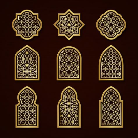 Set of gold arabic ornamental windows Pr... | Premium Vector #Freepik #vector #pattern #frame #islamic #ornament Islamic Arabesque Pattern, Mashrabiya Pattern, Dekorasi Maroko, Muslim Prayer Room Ideas, Islamic Design Pattern, Arabian Decor, Motif Arabesque, Prayer Room Ideas, Geometric Pattern Background