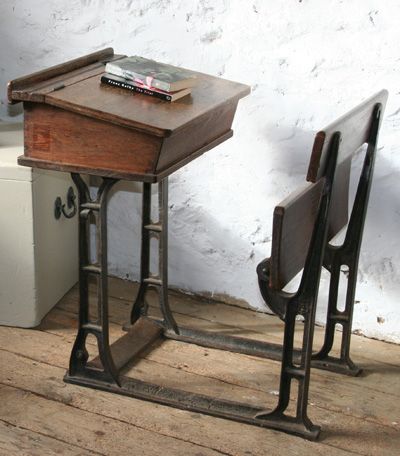 Antique school desk Vintage School Desks, School Desk Makeover, Old School Desk, Antique School Desk, Vintage School Supplies, Vintage School Chairs, Steampunk Desk, Old School Desks, Vintage School Desk