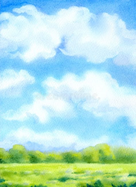 Watercolor background with white clouds on blue sky over sunlit. Colorful waterc #Sponsored , #SPONSORED, #Paid, #white, #Watercolor, #Colorful, #clouds Sky With Watercolor, Blue Green Illustration, How To Paint A Sky Background, Painting Sky Clouds, Sky Background Drawing, Watercolor Background Landscape, Sky Drawing Clouds, Blue Sky Background Landscape, Sky Illustration Cloud