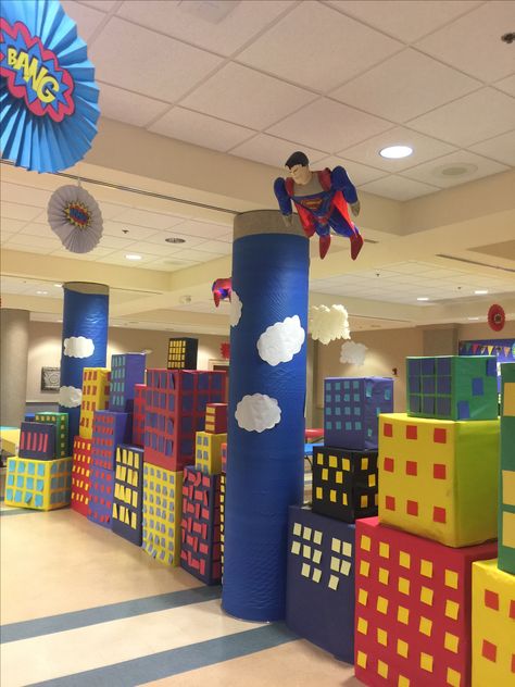 Superhero Theme Decorations, Superhero Theme Decor, Super Hero Buildings, Superhero Graduation Theme, Hero Vbs Decorations, Vbs Superhero Theme Decorations, Super Hero Vbs, Superhero Stage Design, Super Hero Walkathon