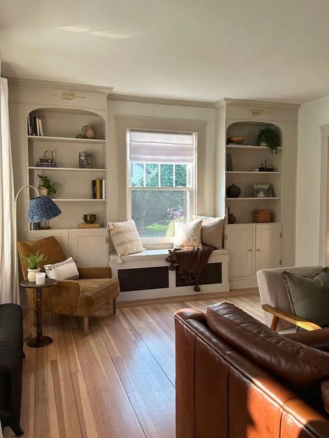 DIY Built-In Bookshelves - Painting by the Penny Bookshelves Beside Window, Craftsman Style Built Ins Bookcases, Bookshelves Around Window Built In, Living Room Built In Bookshelf, Living Room Built Ins With Window Seat, Built In Bookshelf With Cabinet, Built In Bookshelves With Storage, Built In Bookcase With Bench, Wall To Wall Bookcase