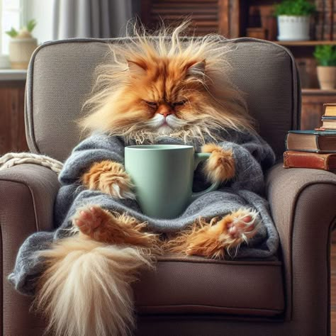 I Need Coffee Humor Hilarious, Ginger Cats Funny, Funny Cat Pictures Hilarious, Cute Morning Images, Cat Good Morning, Cat Vibing, Cat With Coffee, Cat Drinking Coffee, Stary Papier