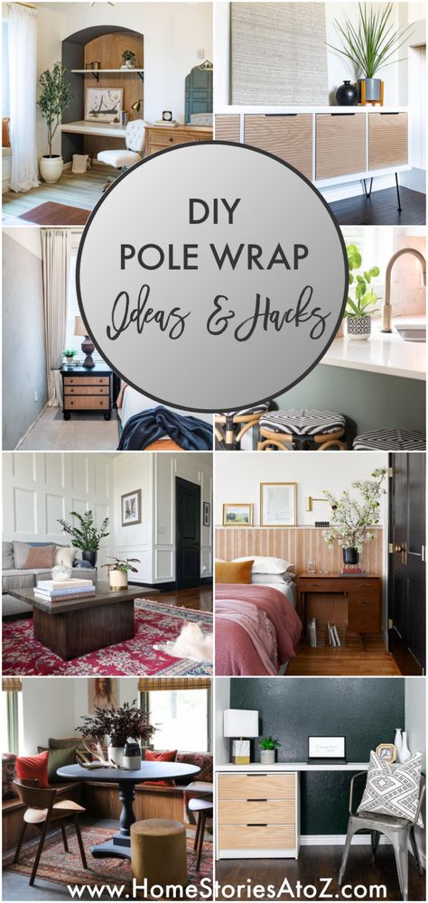 DIY Pole Wrap Ideas #polewrap Wrap Basement Pole, Pole Wrapping Ideas, Pole Wrap Built In, Wood Pole Wrap On Wall, Pole Wrap Molding, Black Pole Wrap Wall, Pile Wrap On Wall, Pole Wrap Accent Wall Living Room, Pole Wrap Bookcase