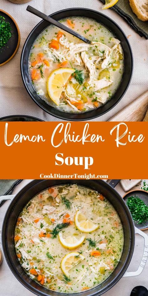 Lemon Chicken & Rice Soup Lemon Chicken And Rice Soup Recipes, Lemon Chicken Noodle Soup Recipe, Lemon Dill Chicken Rice Soup, Creamy Greek Lemon Chicken Rice Soup, Chicken Lemon Rice Soup Recipe, Lemon Chicken Soup With Rice, Chicken Rice Lemon Soup, Chicken Lemon Rice Soup Crockpot, Easy Chicken Lemon Rice Soup