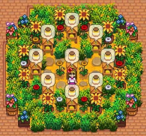 River Farm Stardew Layout, Bee Layout Stardew, Stardew Valley Seasonal Plants, Beehive Layout Stardew Valley, Star Dew Valley Farm Layouts River, Bee Farm Stardew Valley, Stardew Valley Farm Layout Beehive, Stardew Valley Flower Farm, Stardew Monster Farm Layout