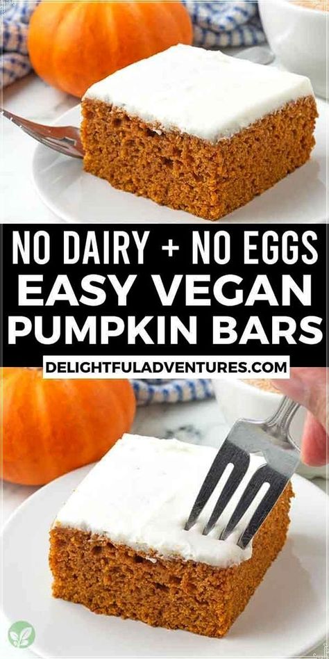 Indulge in easy-to-make, delicious vegan pumpkin bars packed with warm pumpkin spices and topped with the best dairy-free cream cheese frosting. These thick, moist, eggless pumpkin cake bars are ideal for holiday celebrations, potluck contributions, or just to treat yourself and your family! This simple vegan dessert can also be made gluten-free. Vegan Pumpkin Bars, Pumpkin Cake Bars, Vegan Pumpkin Cake, Dairy Free Cream Cheese Frosting, Pumpkin Sheet Cake, Vegan Pumpkin Recipes, Dairy Free Cream Cheese, Pecan Bars, Pumpkin Bars