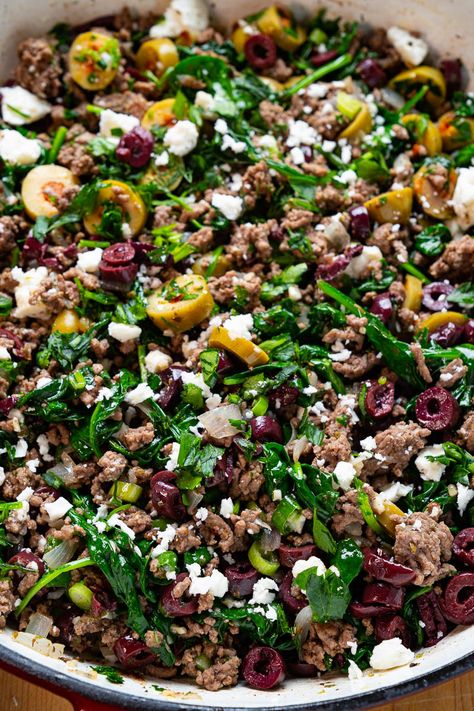 Greek Skillet Dinner, Ground Beef With Olives, Greek Beef Skillet, Feta And Ground Beef, Greek Minced Beef Recipes, Spinach Beef Recipes, Greek Recipes With Ground Beef, Recipes With Greek Olives, Ground Beef Feta Recipe