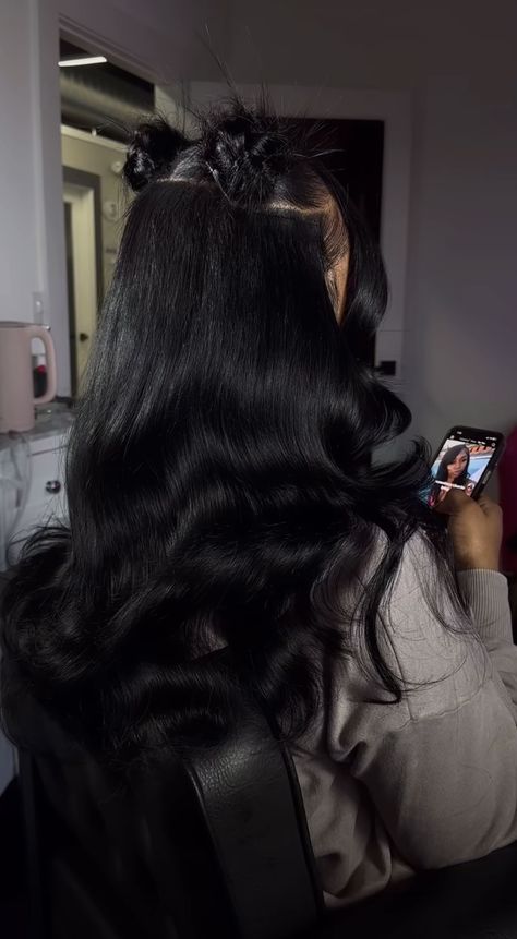 Half Up Hairstyles Black Women, Cute Black Woman Hairstyle, Half Up Half Down Sew In Hairstyles, U Part Half Up Half Down, Two Bun Half Up Half Down, Half Up Half Down Hair Black Women Bow, Ways To Style Wigs Hairstyles, Half Up Quick Weave, Bang Half Up Half Down