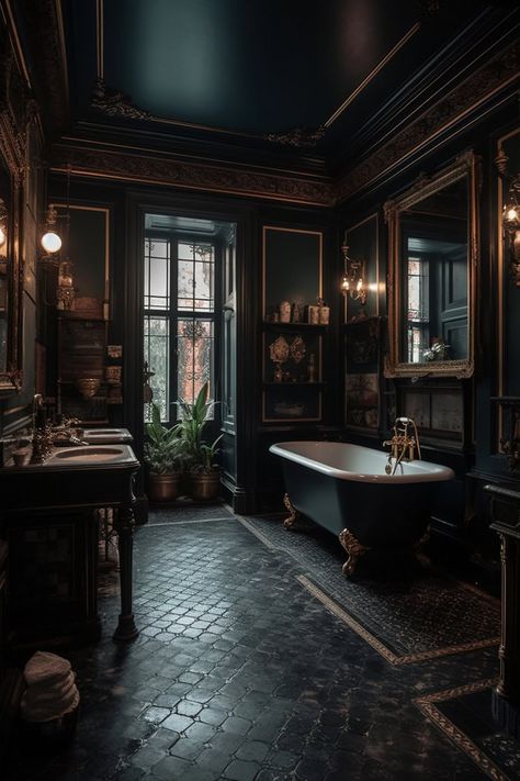 In these Dark Academia decor ideas, cozy intellectualism blends with gothic interior design elements to create a moody, atmospheric space that you can apply to bedrooms, kitchens, living rooms, offices, or bathrooms. #darkacademia #darkacademiadecor #darkacademiadecorideas # Gothic Bathroom Ideas, Gothic Interior Design, Gothic Bathroom, Dark Bathroom Ideas, Dark Bathroom, Black Bathroom Decor, Gothic Interior, Dark Bathrooms, Dark Academia Decor