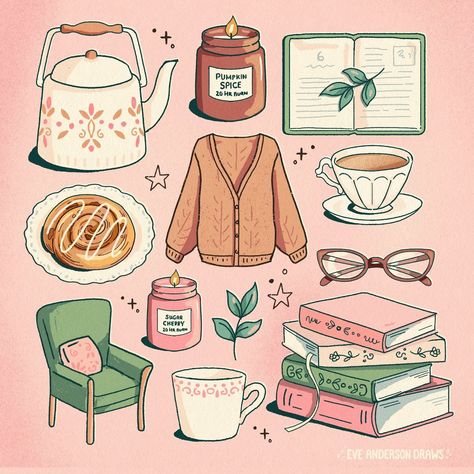 Eve Anderson draws | Cozy reading nook essentials 📙🕯️☕ I've been working on few reading doodles for ages now but the change in season really inspired finishing… | Instagram Autumn Illustration Aesthetic, Fall Aesthetic Illustration, Cozy Illustration Art, Aesthetic Coloring Sheets, Reading Illustration, Veranda Cafe, Cozy Illustration, Diaries Aesthetic, Autumn Illustration