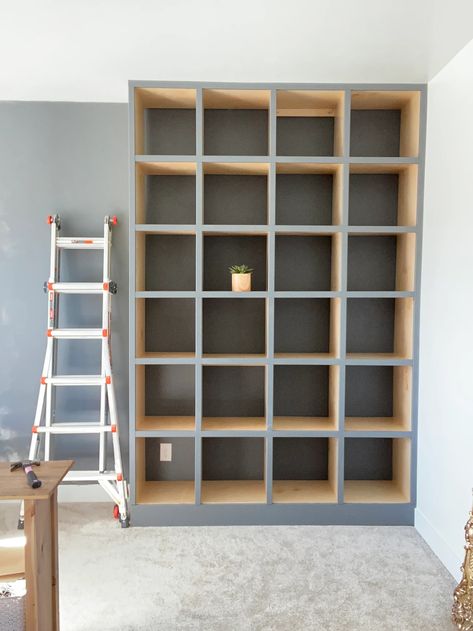 Diy Built In Cube Storage, Floor To Ceiling Cubby Storage, Floor To Ceiling Cube Storage, Kallax Built In Bookshelves, Built In Cubbies In Wall, Built In Cube Storage, Built In Kallax Shelves, Wall Cubby Decor Built Ins, Easy Built In Bookshelves