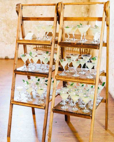 25 Cocktail Hour Ideas from Real Weddings | Martha Stewart Weddings - At this pre-reception party, the presentation of the signature sips was everything. #cocktailhour #weddinginspiration #weddingfood Cocktail Hour Napkins, Lush Green Wedding, Creative Seating Cards, Cocktail Hour Ideas, Wedding Cocktail Hour, Drink Display, Signature Cocktail Sign, Drink Stand, Cocktail Hour Wedding