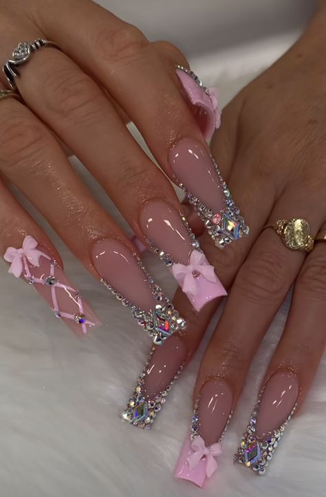 Best Birthday Nails, Vintage Pink Nails, Birthday Classy Nails, 22 Birthday Nails Acrylic, Pink French Nails With Rhinestones, Nail Ideas Gems Rhinestones, Nail Inspo Trendy Pink, Nails Ideas For Birthday, 21 Birthday Nail Ideas