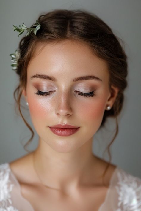 Romantic Natural Bridal Makeup, Youthful Wedding Makeup, Bridal Makeup With Eyeliner, Peachy Bride Makeup, Wedding Makeup Natural Pink, Light Makeup Hooded Eyes, Simple Wedding Makeup Green Eyes, Natural Wedding Makeup Red Lips, Natural Makeup Bride Brown Eyes