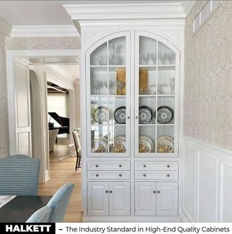 Custom Built In Cabinets Dining Room, Large China Cabinets With Glass Doors, Arched Glass Cabinet Kitchen, China Cabinet In Entryway, China Closet, Built In China Cabinet Kitchen, Built In China Cabinet Ideas, Built In China Cabinet Dining Room, Built In Hutch Dining Room