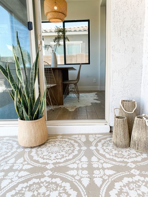 Before & After: A stylish patio makeover with concrete stencils | Real Homes Stenciled Concrete Floor, Paint Concrete Patio, Stencil Concrete, Concrete Patio Makeover, Painting Front Porch Concrete, Painting Front Porch, Front Porch Concrete, Cement Patio, Painted Concrete Floors